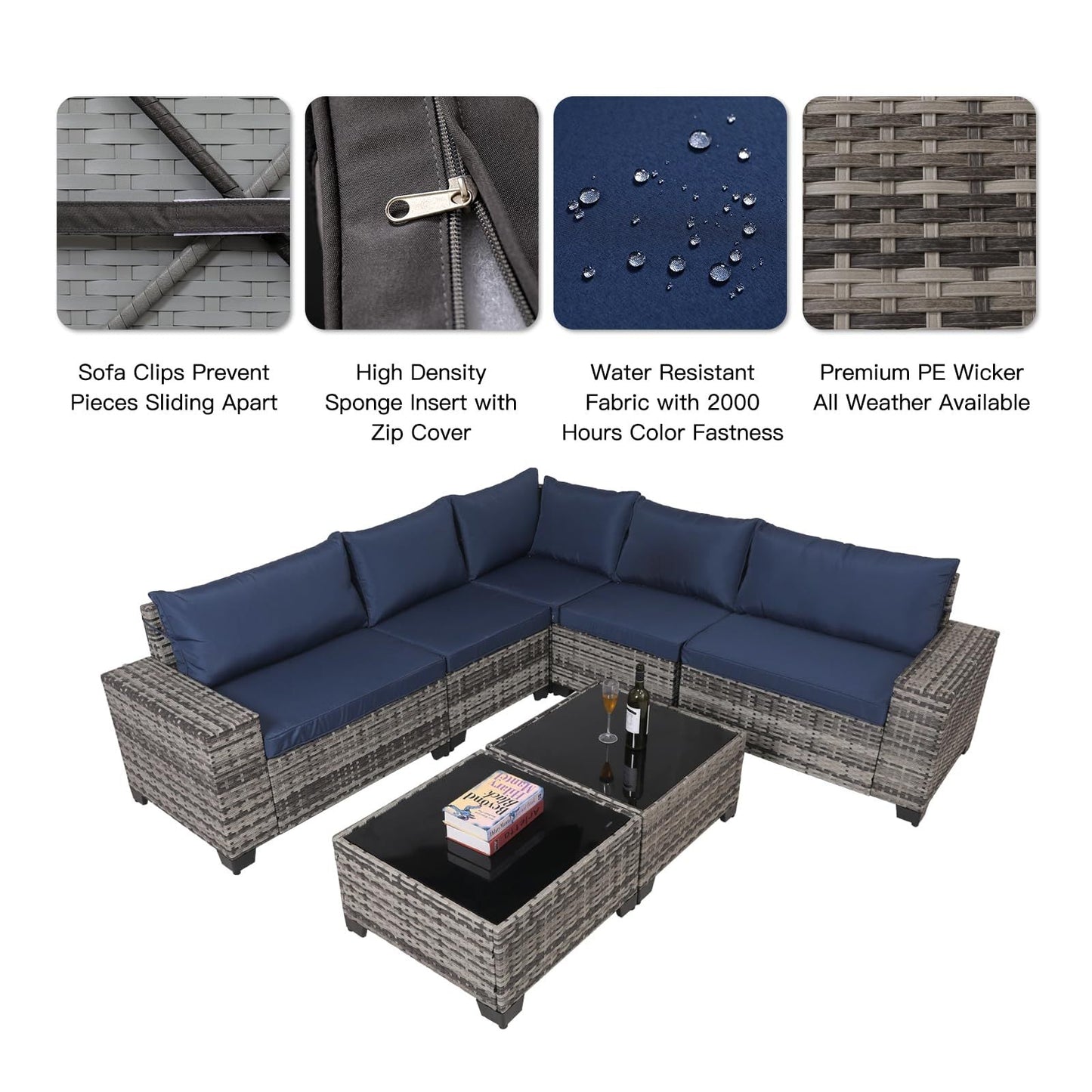 7 - Piece Outdoor Patio Furniture Sets, All - Weather Wicker Rattan Sectional Sofa, Modern Two Glass Coffee Table And Washable Seat Cushion - Krosscanada