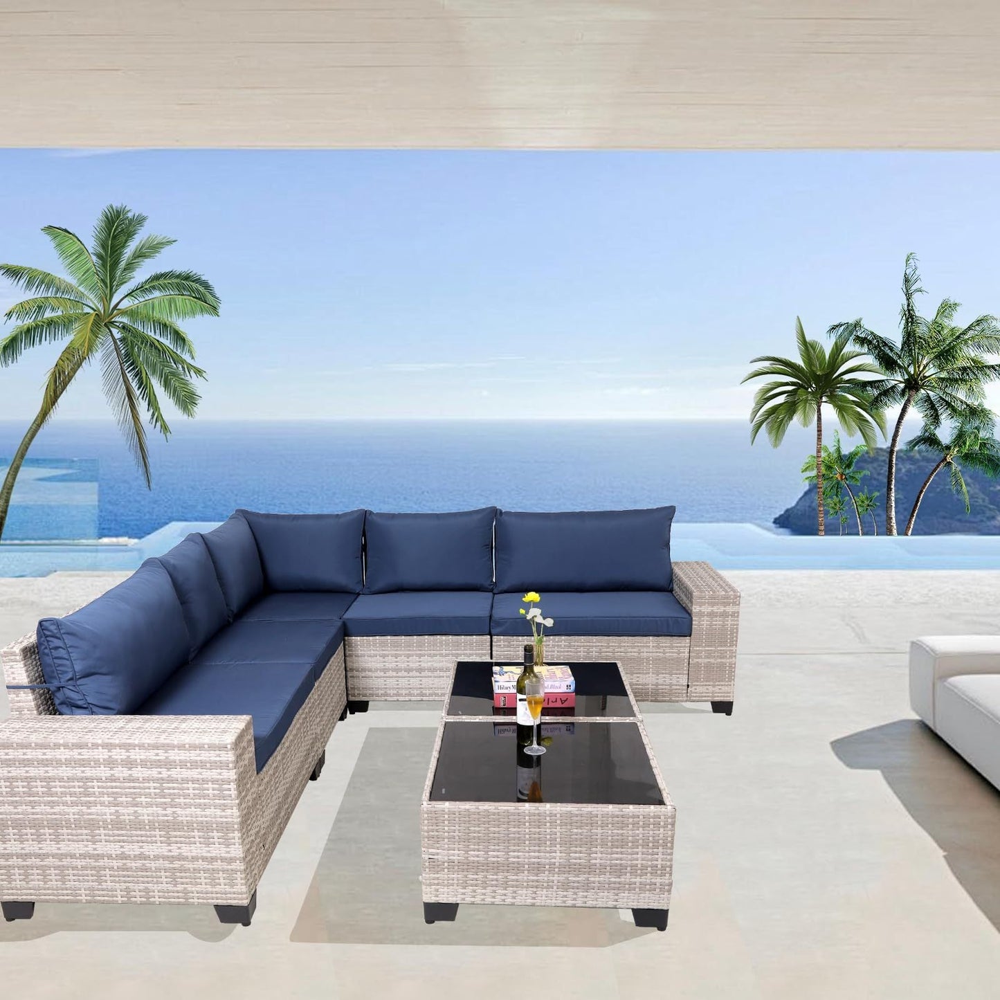 7 - Piece Outdoor Patio Furniture Sets, All - Weather Wicker Rattan Sectional Sofa, Modern Two Glass Coffee Table And Washable Seat Cushion - Krosscanada
