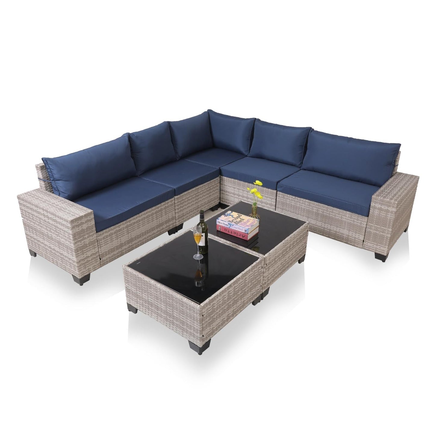 7 - Piece Outdoor Patio Furniture Sets, All - Weather Wicker Rattan Sectional Sofa, Modern Two Glass Coffee Table And Washable Seat Cushion - Krosscanada