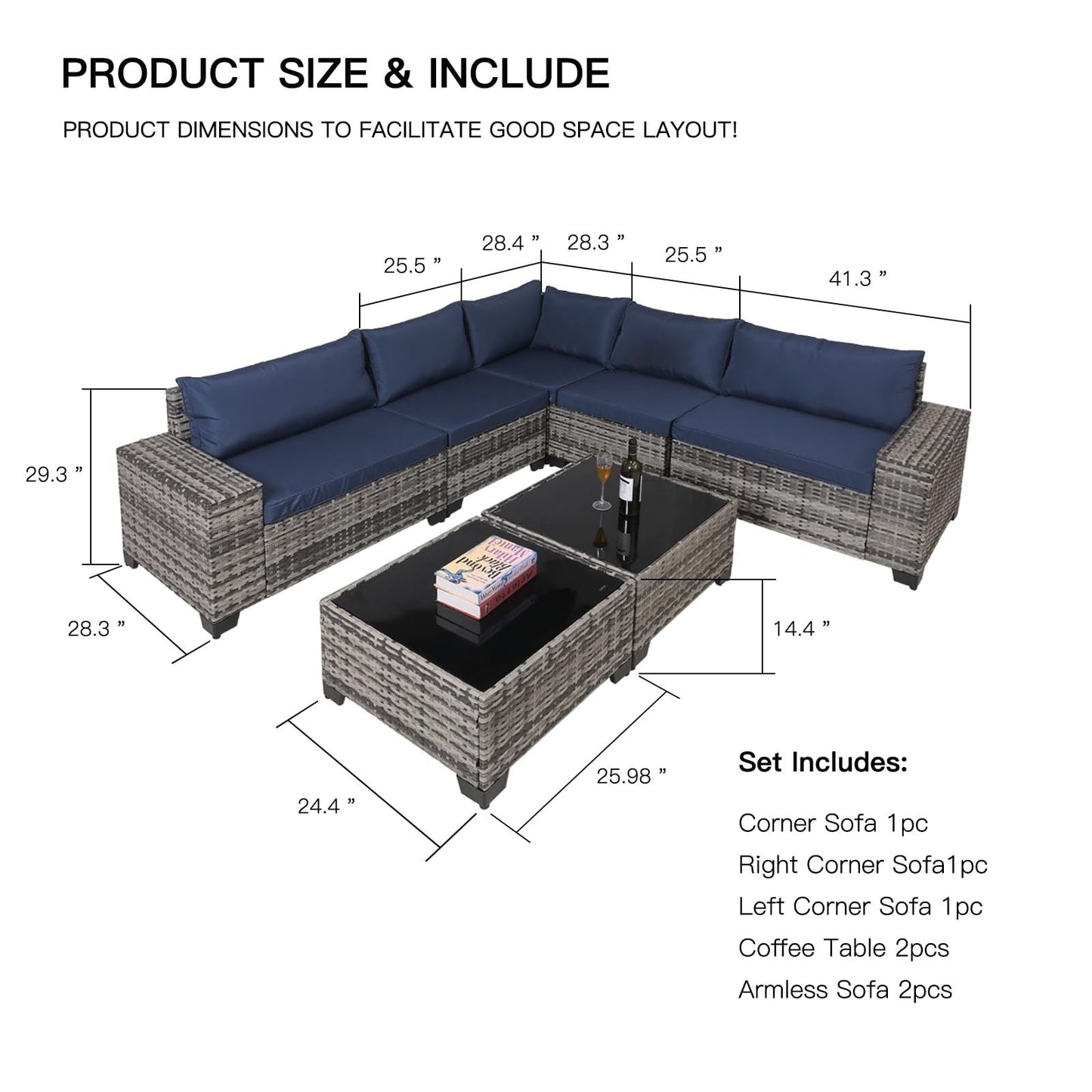7 - Piece Outdoor Patio Furniture Sets, All - Weather Wicker Rattan Sectional Sofa, Modern Two Glass Coffee Table And Washable Seat Cushion - Krosscanada