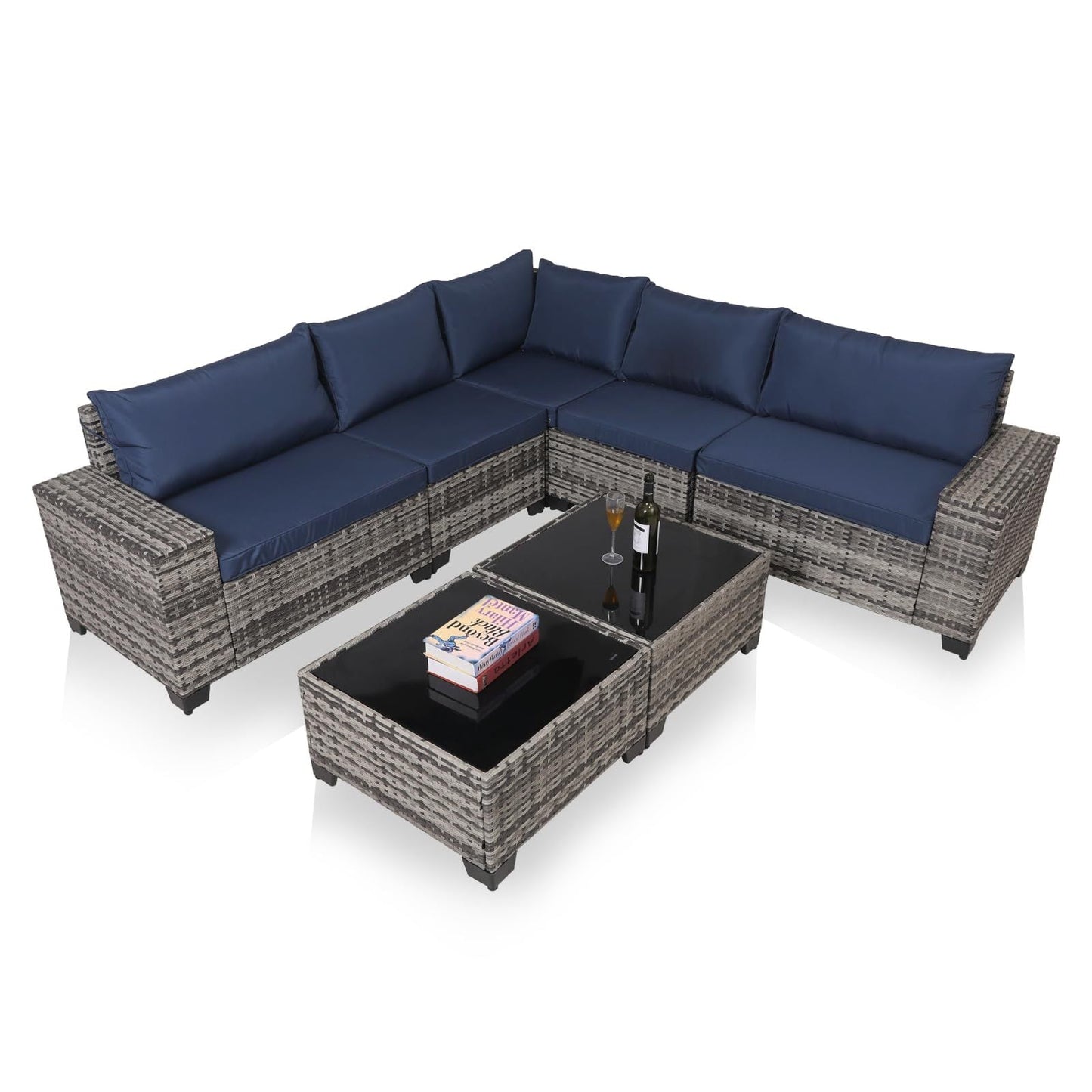 7 - Piece Outdoor Patio Furniture Sets, All - Weather Wicker Rattan Sectional Sofa, Modern Two Glass Coffee Table And Washable Seat Cushion - Krosscanada
