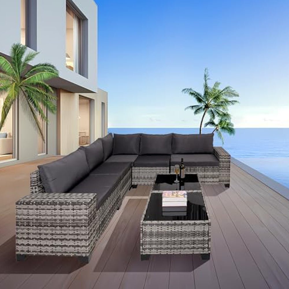 7 - Piece Outdoor Patio Furniture Sets, All - Weather Wicker Rattan Sectional Sofa, Modern Two Glass Coffee Table And Washable Seat Cushion - Krosscanada