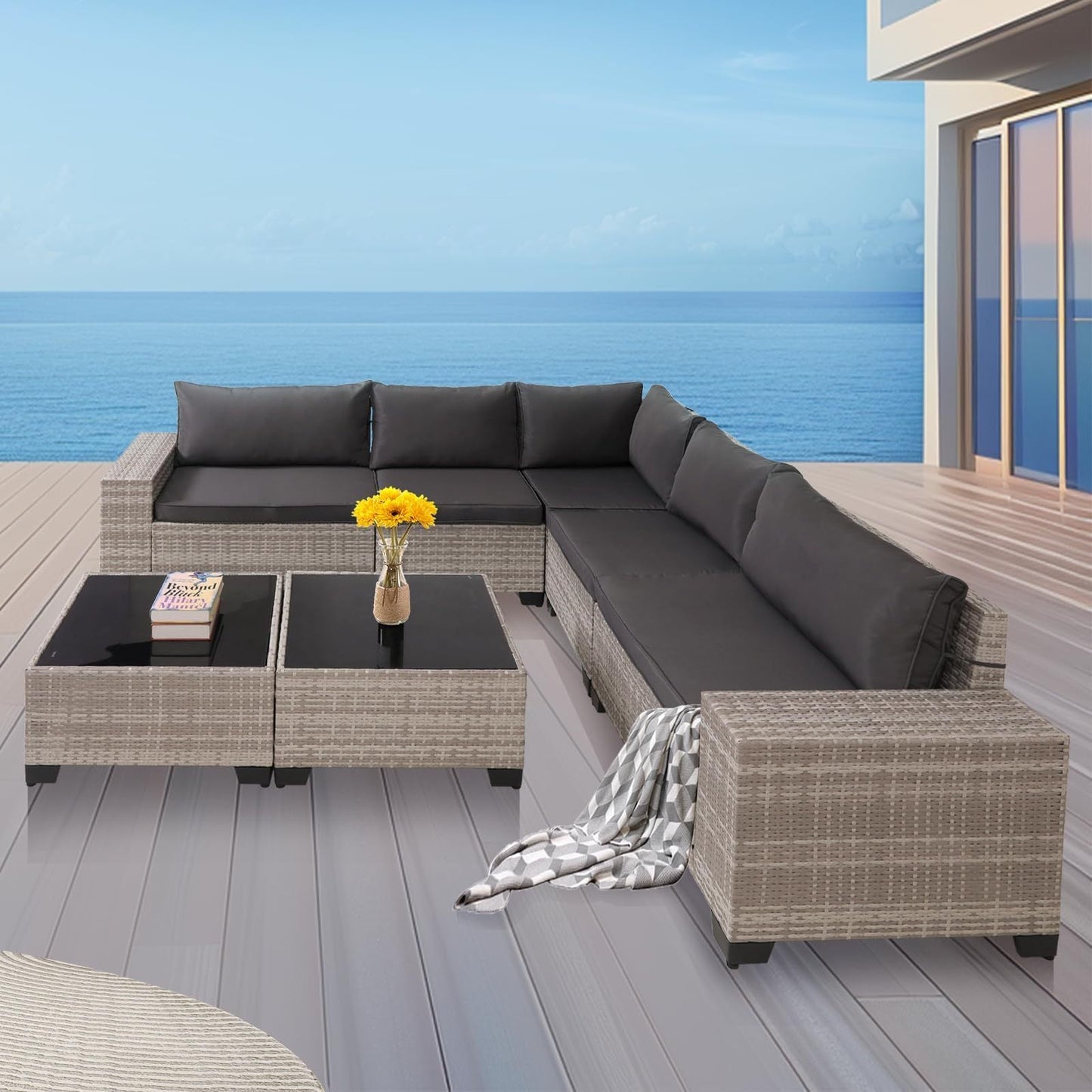 7 - Piece Outdoor Patio Furniture Sets, All - Weather Wicker Rattan Sectional Sofa, Modern Two Glass Coffee Table And Washable Seat Cushion - Krosscanada