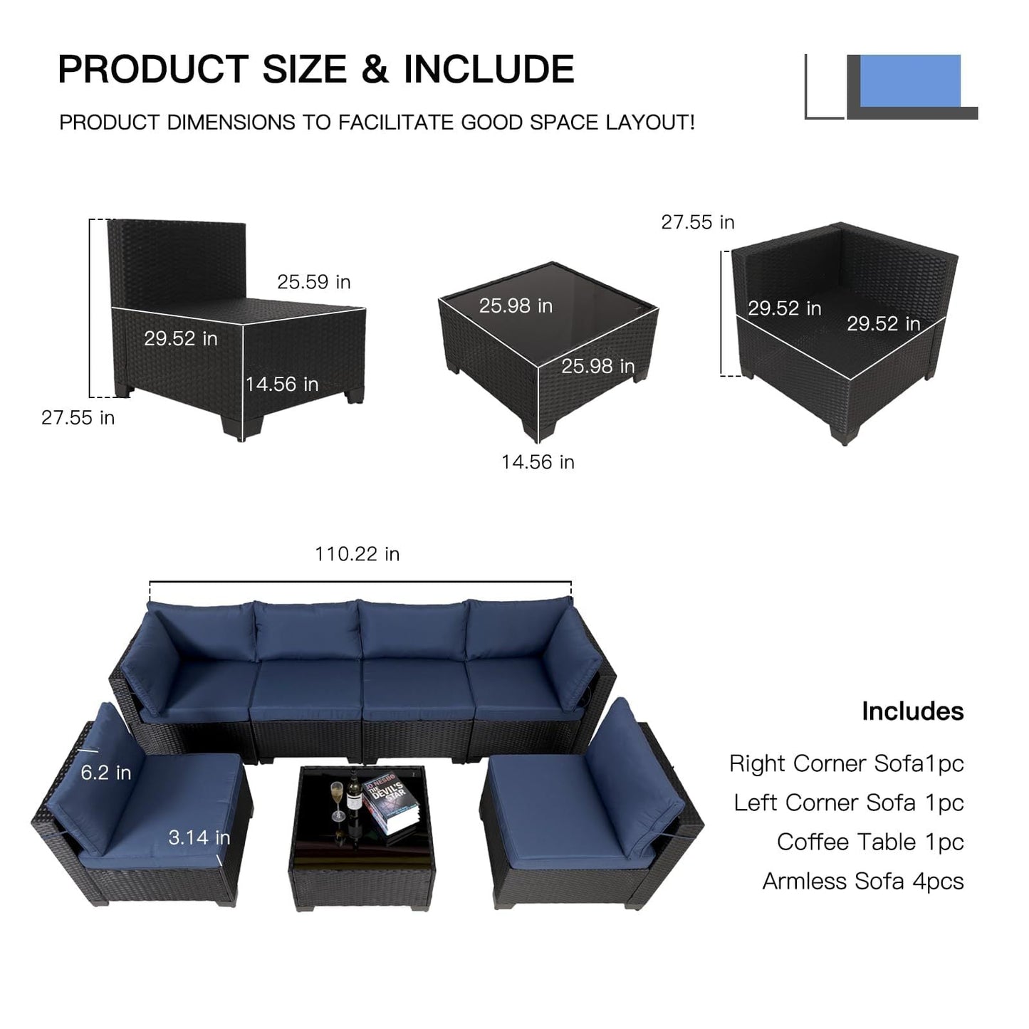 7 Pieces Outdoor Rattan Patio Sectional Set, Black Wicker Furniture Conversation Sets With Washable Cushions & Glass Coffee Table For Garden, Poolside, Backyard - Krosscanada