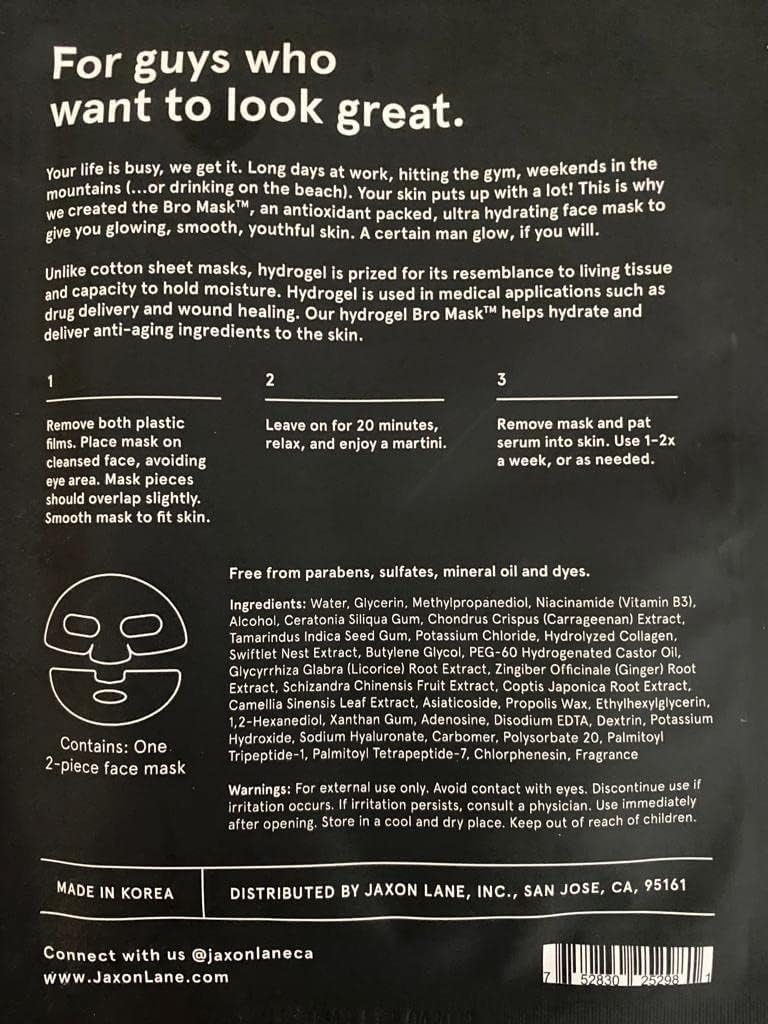 BRO MASK: Korean Face Mask for Men | 2 Pc. Hydrating Anti Aging Sheet Masks Contains Vitamin C, Vitamin E, Hyaluronic Acid, Collagen for Face Care & Acne Treatment by Jaxon Lane (4 Pack) - Krosscanada
