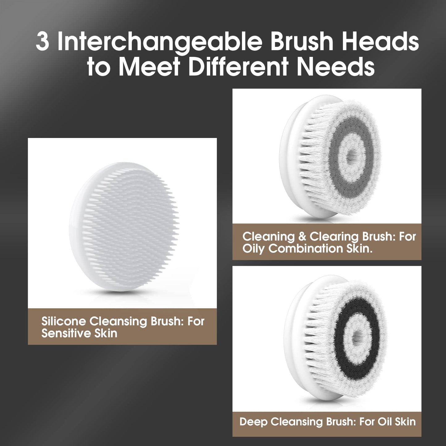 Facial Cleansing Brush Electric Facial Exfoliating Massage Brush with 3 Cleanser Heads and 2 Speeds Adjustable for Deep Cleaning, Removing Blackhead, Face Massaging - Krosscanada