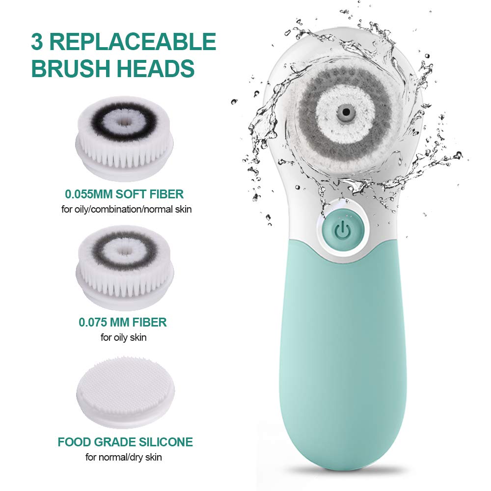 Facial Cleansing Brush Electric Facial Exfoliating Massage Brush with 3 Cleanser Heads and 2 Speeds Adjustable for Deep Cleaning, Removing Blackhead, Face Massaging - Krosscanada