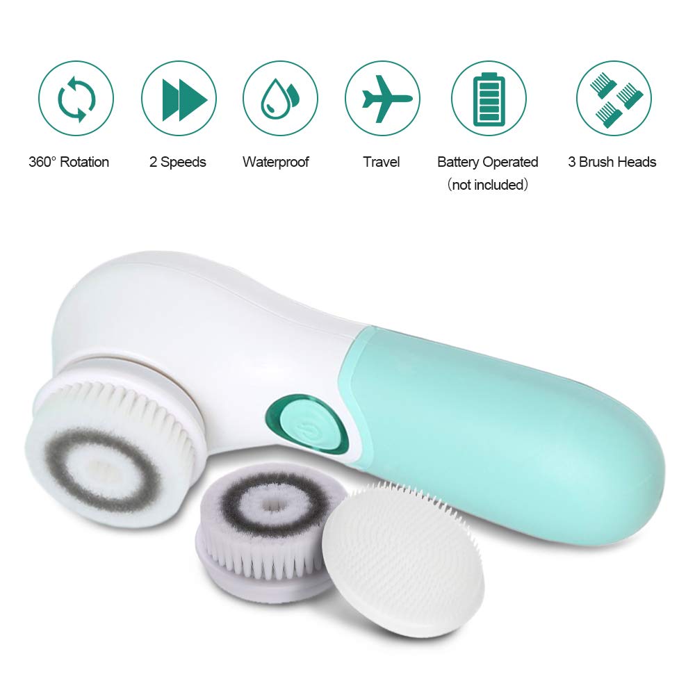 Facial Cleansing Brush Electric Facial Exfoliating Massage Brush with 3 Cleanser Heads and 2 Speeds Adjustable for Deep Cleaning, Removing Blackhead, Face Massaging - Krosscanada