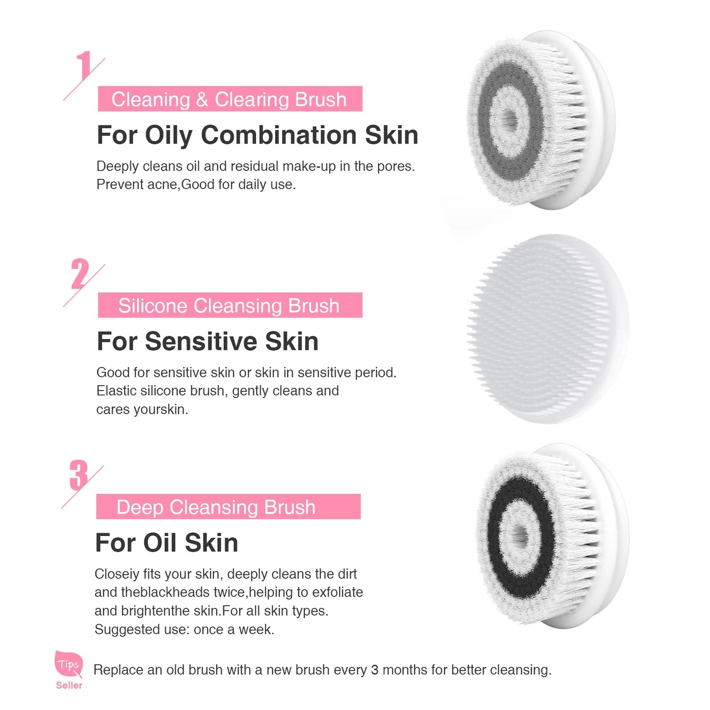 Facial Cleansing Brush Electric Facial Exfoliating Massage Brush with 3 Cleanser Heads and 2 Speeds Adjustable for Deep Cleaning, Removing Blackhead, Face Massaging - Krosscanada