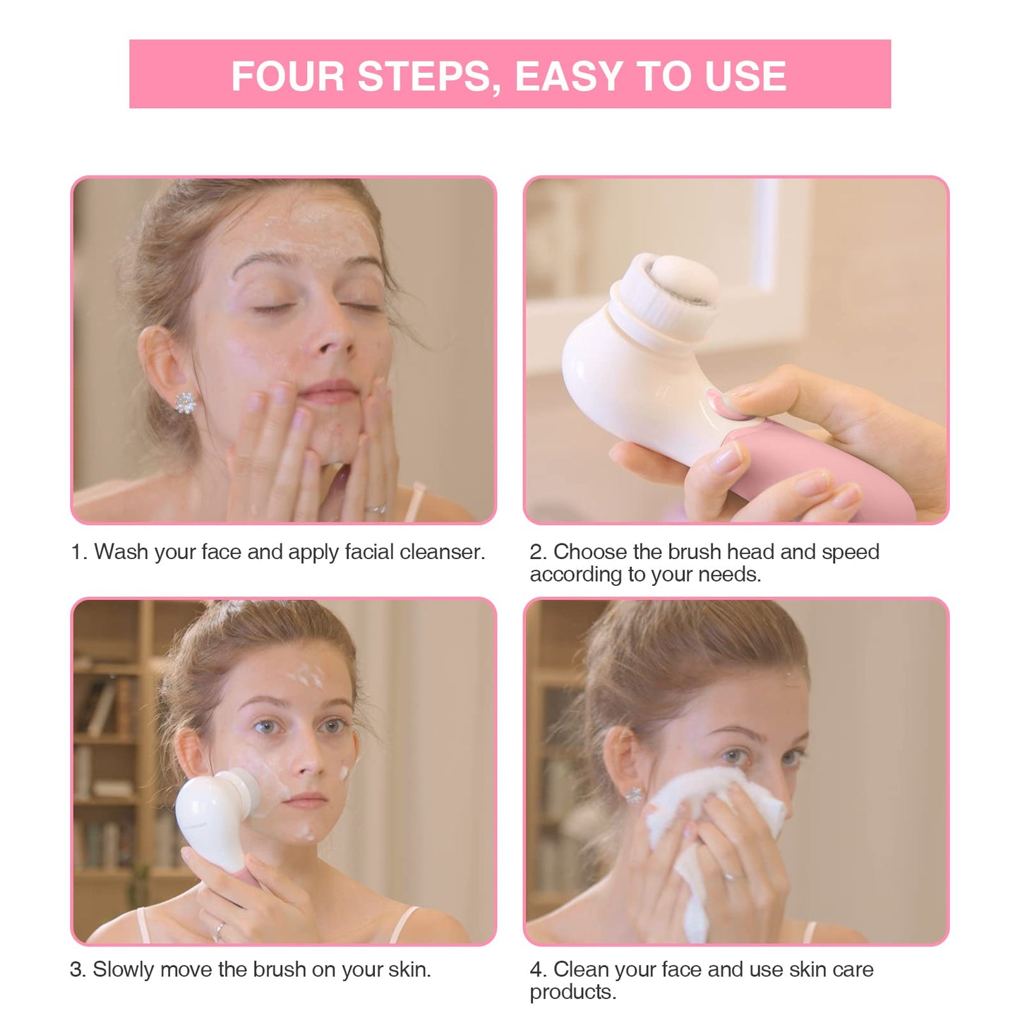 Facial Cleansing Brush Electric Facial Exfoliating Massage Brush with 3 Cleanser Heads and 2 Speeds Adjustable for Deep Cleaning, Removing Blackhead, Face Massaging - Krosscanada