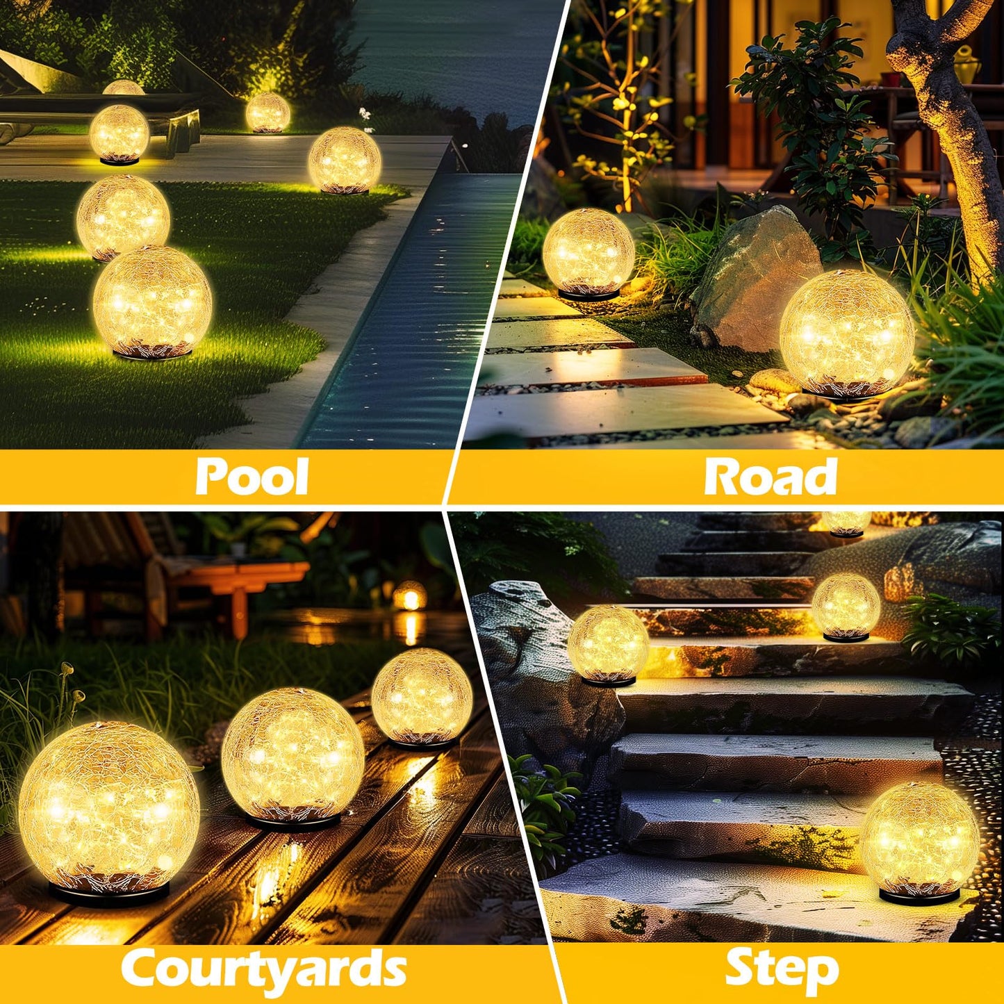 Garden Solar Ball Lights Outdoor Waterproof, 50 LED Cracked Glass Globe Solar Power Ground Lights for Path Yard Patio Lawn, Christmas Decoration Landscape Warm White(2 Pack 4.7'') - Krosscanada
