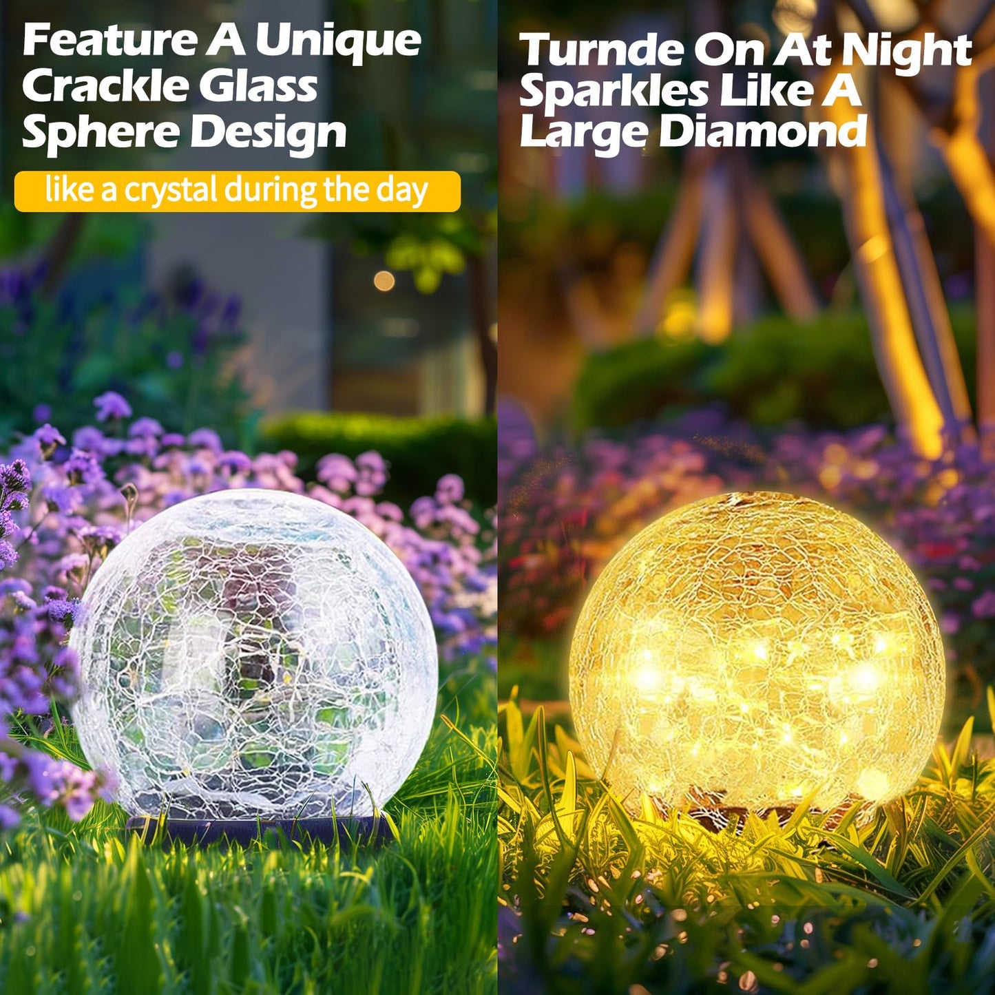 Garden Solar Ball Lights Outdoor Waterproof, 50 LED Cracked Glass Globe Solar Power Ground Lights for Path Yard Patio Lawn, Christmas Decoration Landscape Warm White(2 Pack 4.7'') - Krosscanada