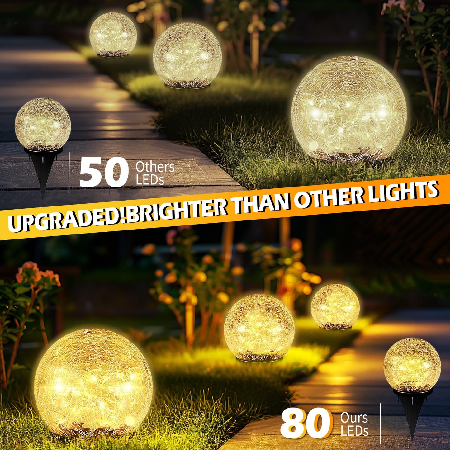 Garden Solar Ball Lights Outdoor Waterproof, 50 LED Cracked Glass Globe Solar Power Ground Lights for Path Yard Patio Lawn, Christmas Decoration Landscape Warm White(2 Pack 4.7'') - Krosscanada