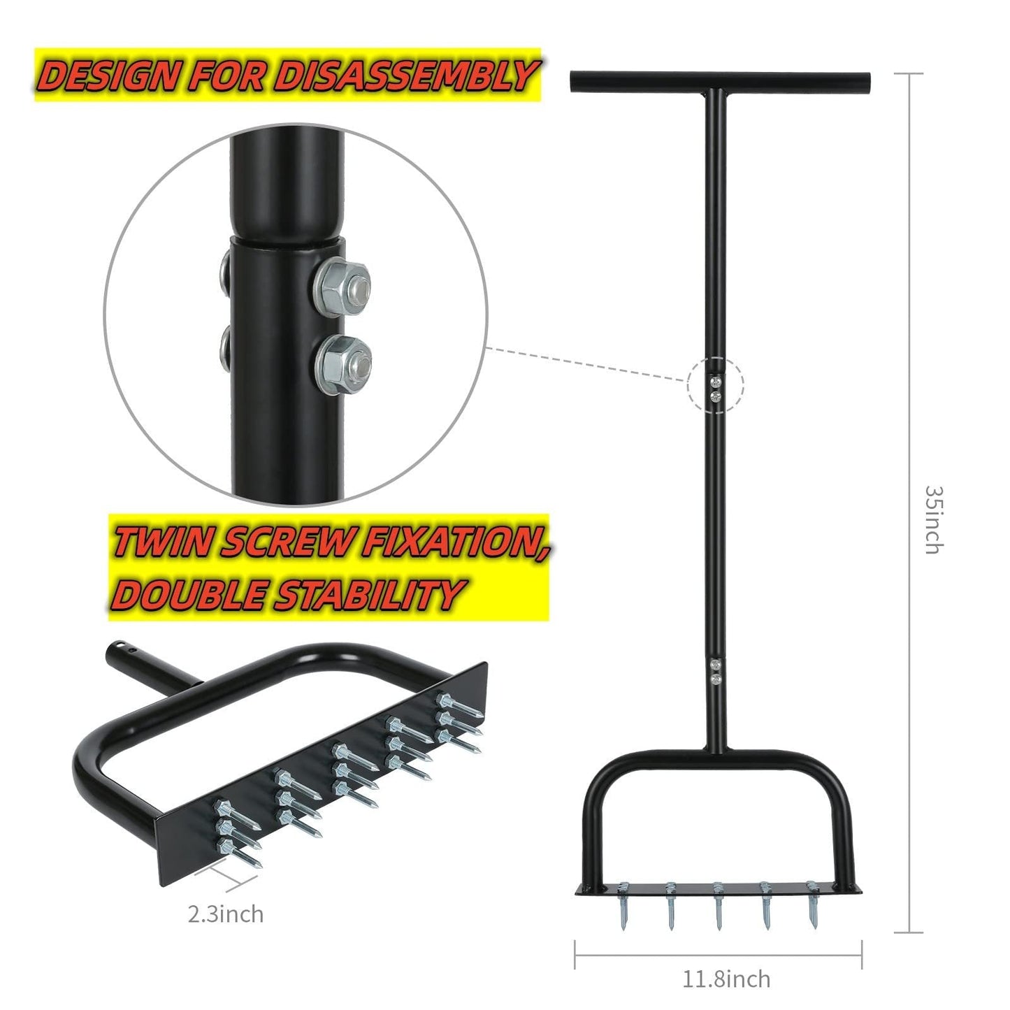 Lawn Aerator Tool Manual Metal Spike Grass Aeration With Dethatching Rake 15 Iron Spikes For Yard And Garden Compacted Soil Aerator Tool Black - Krosscanada