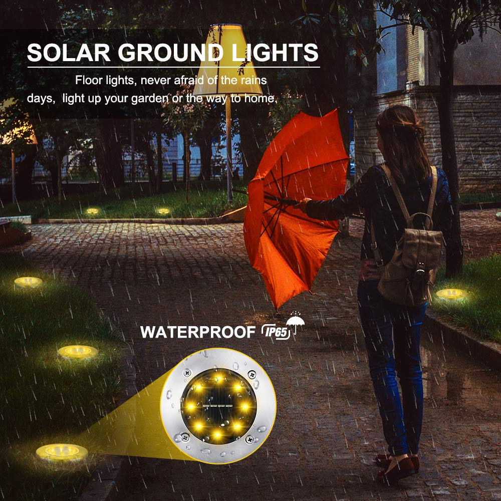 LYHOPE Solar Ground Lights Outdoor, 16 Pack 8 LED Solar Disk Lights Waterproof Garden In - ground Pathway Lights Landscape Lighting for Lawn,Yard,Deck,Patio,Walkway (White) - Krosscanada
