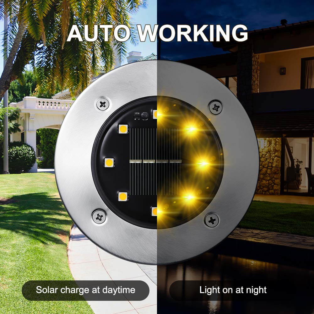 LYHOPE Solar Ground Lights Outdoor, 16 Pack 8 LED Solar Disk Lights Waterproof Garden In - ground Pathway Lights Landscape Lighting for Lawn,Yard,Deck,Patio,Walkway (White) - Krosscanada