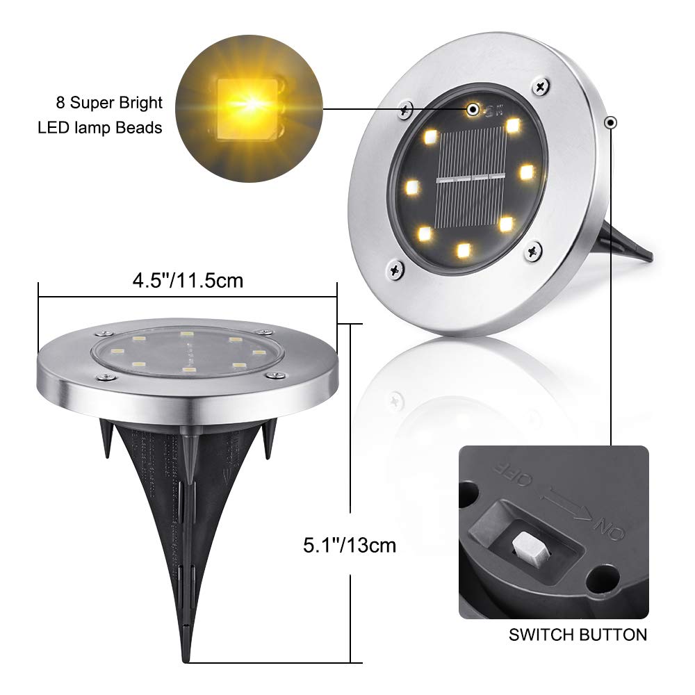 LYHOPE Solar Ground Lights Outdoor, 16 Pack 8 LED Solar Disk Lights Waterproof Garden In - ground Pathway Lights Landscape Lighting for Lawn,Yard,Deck,Patio,Walkway (White) - Krosscanada