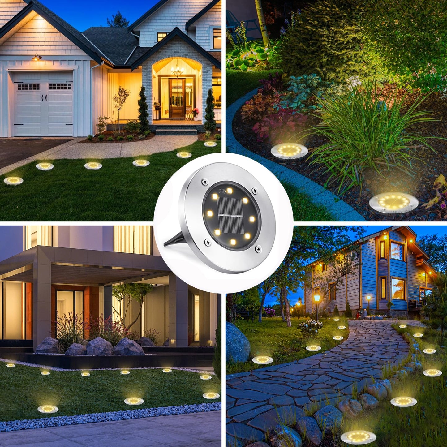 LYHOPE Solar Ground Lights Outdoor, 16 Pack 8 LED Solar Disk Lights Waterproof Garden In - ground Pathway Lights Landscape Lighting for Lawn,Yard,Deck,Patio,Walkway (White) - Krosscanada