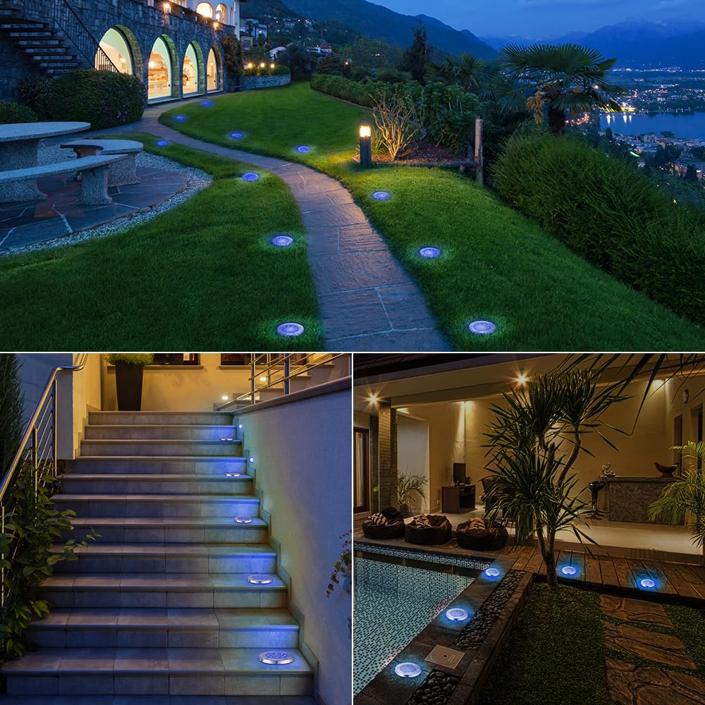 LYHOPE Solar Ground Lights Outdoor, 16 Pack 8 LED Solar Disk Lights Waterproof Garden In - ground Pathway Lights Landscape Lighting for Lawn,Yard,Deck,Patio,Walkway (White) - Krosscanada