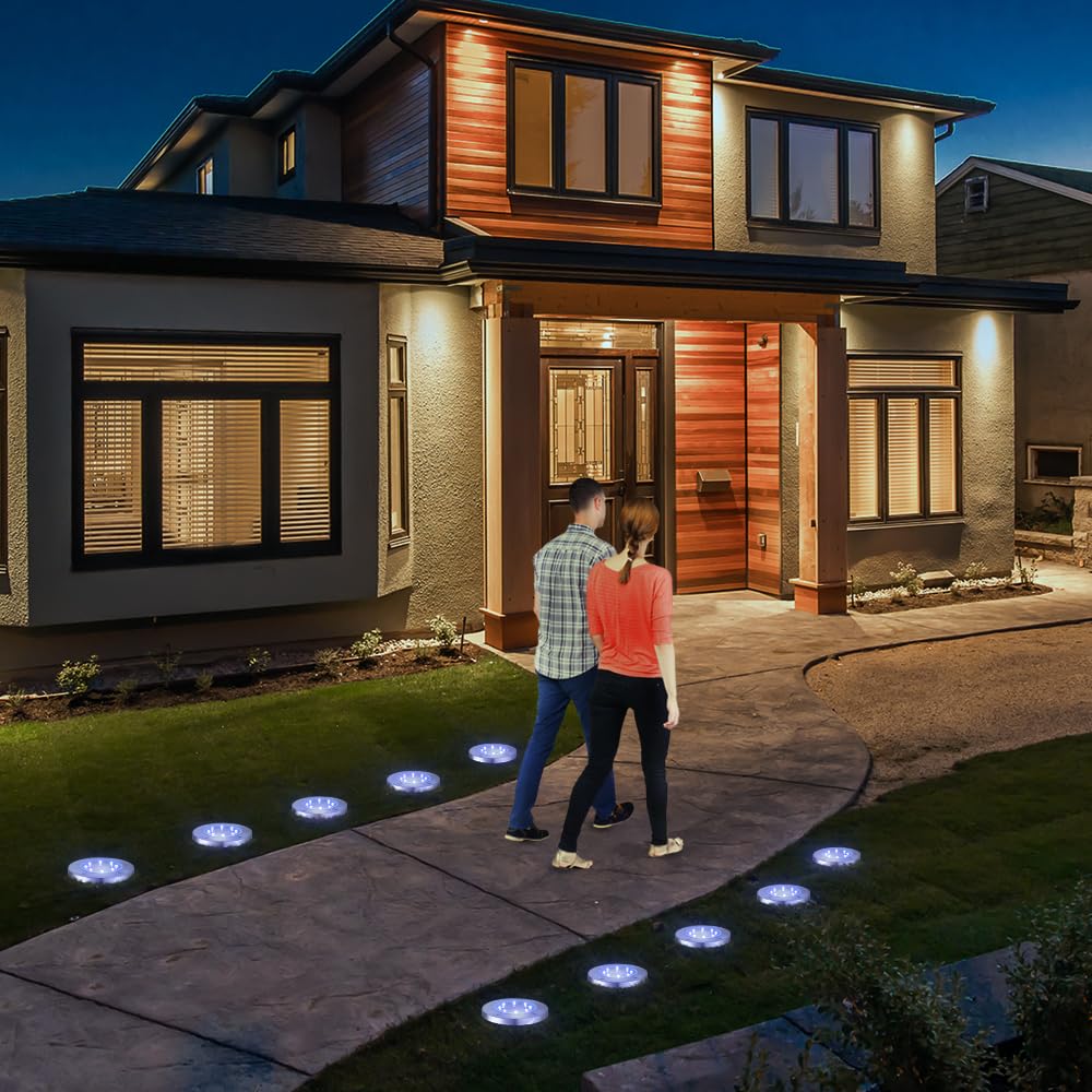 LYHOPE Solar Ground Lights Outdoor, 16 Pack 8 LED Solar Disk Lights Waterproof Garden In - ground Pathway Lights Landscape Lighting for Lawn,Yard,Deck,Patio,Walkway (White) - Krosscanada