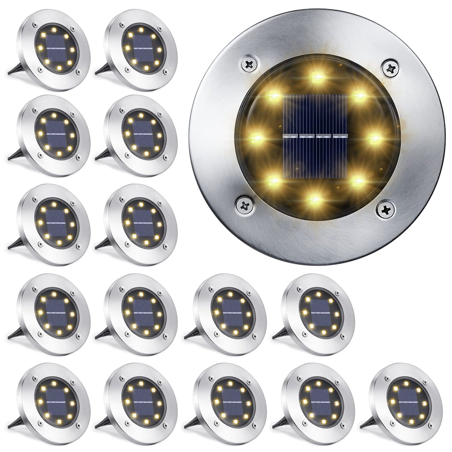 LYHOPE Solar Ground Lights Outdoor, 16 Pack 8 LED Solar Disk Lights Waterproof Garden In - ground Pathway Lights Landscape Lighting for Lawn,Yard,Deck,Patio,Walkway (White) - Krosscanada