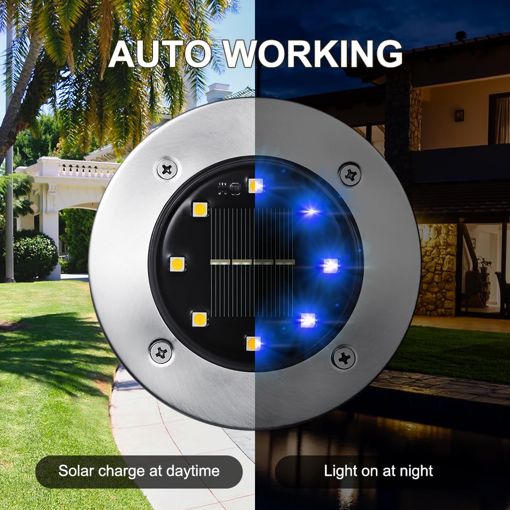 LYHOPE Solar Ground Lights Outdoor, 16 Pack 8 LED Solar Disk Lights Waterproof Garden In - ground Pathway Lights Landscape Lighting for Lawn,Yard,Deck,Patio,Walkway (White) - Krosscanada