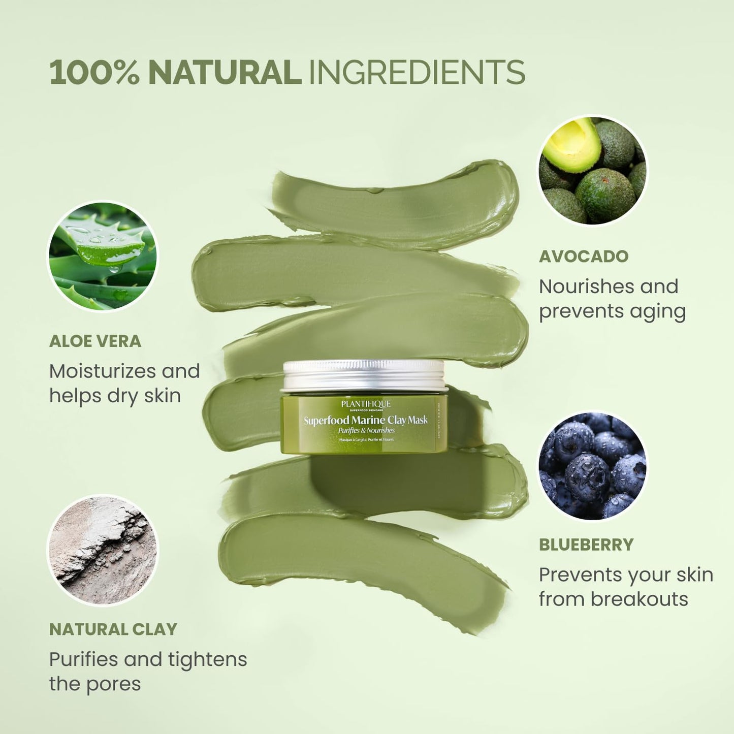 PLANTIFIQUE Clay Mask with Avocado & Superfoods - Korean Face Masks Skincare Products - Dermatologically Tested - Masque Visage Beauté - Gift Idea, 100 ml / 3.4 fl oz - Krosscanada
