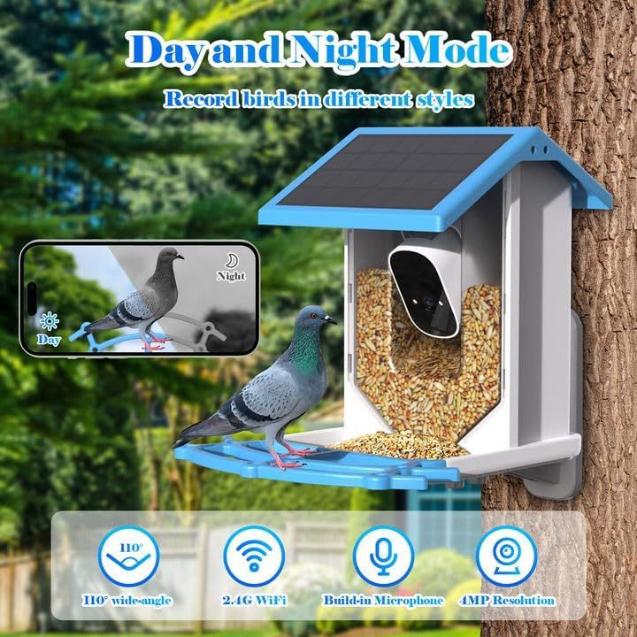 Smart Bird Feeder With Camera,Solar - Powered WiFi 4MP Live Camera,AI Identify Bird Species Auto Capture Garden Bird Watching&Motion Detection,Ideal Gift For Bird Lovers,Blue - Krosscanada
