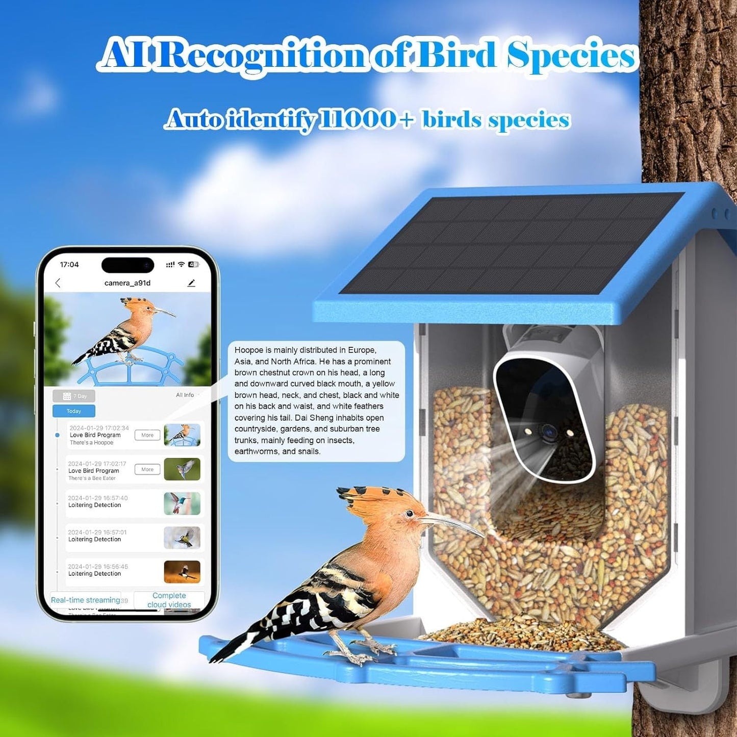 Smart Bird Feeder With Camera,Solar - Powered WiFi 4MP Live Camera,AI Identify Bird Species Auto Capture Garden Bird Watching&Motion Detection,Ideal Gift For Bird Lovers,Blue - Krosscanada