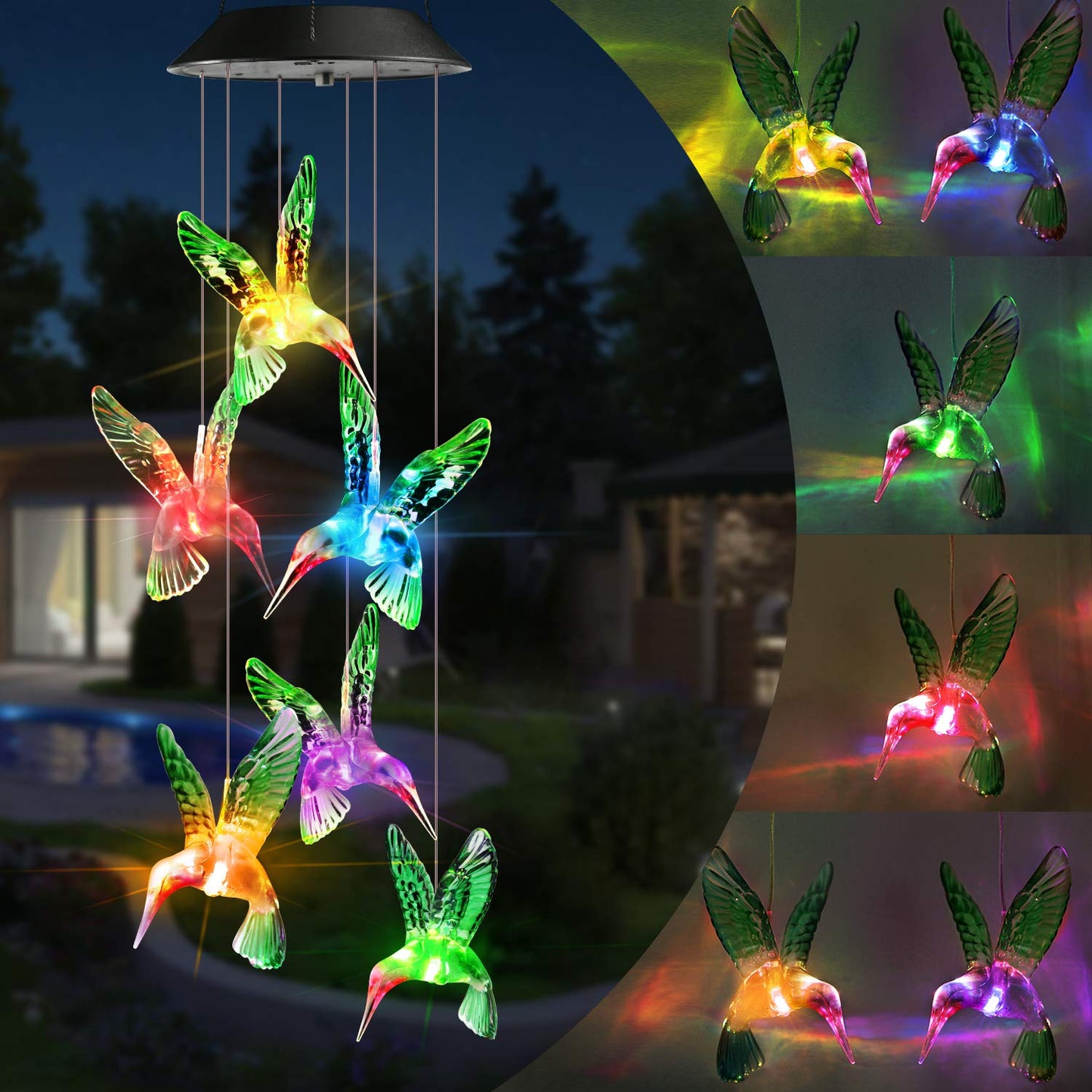 Toodour Solar Wind Chimes, Color Changing Solar Hummingbird Wind Chimes, LED Decorative Mobile, Waterproof Solar Lights Outdoor for Patio, Window, Garden Decor, for Mom/Grandma - Krosscanada