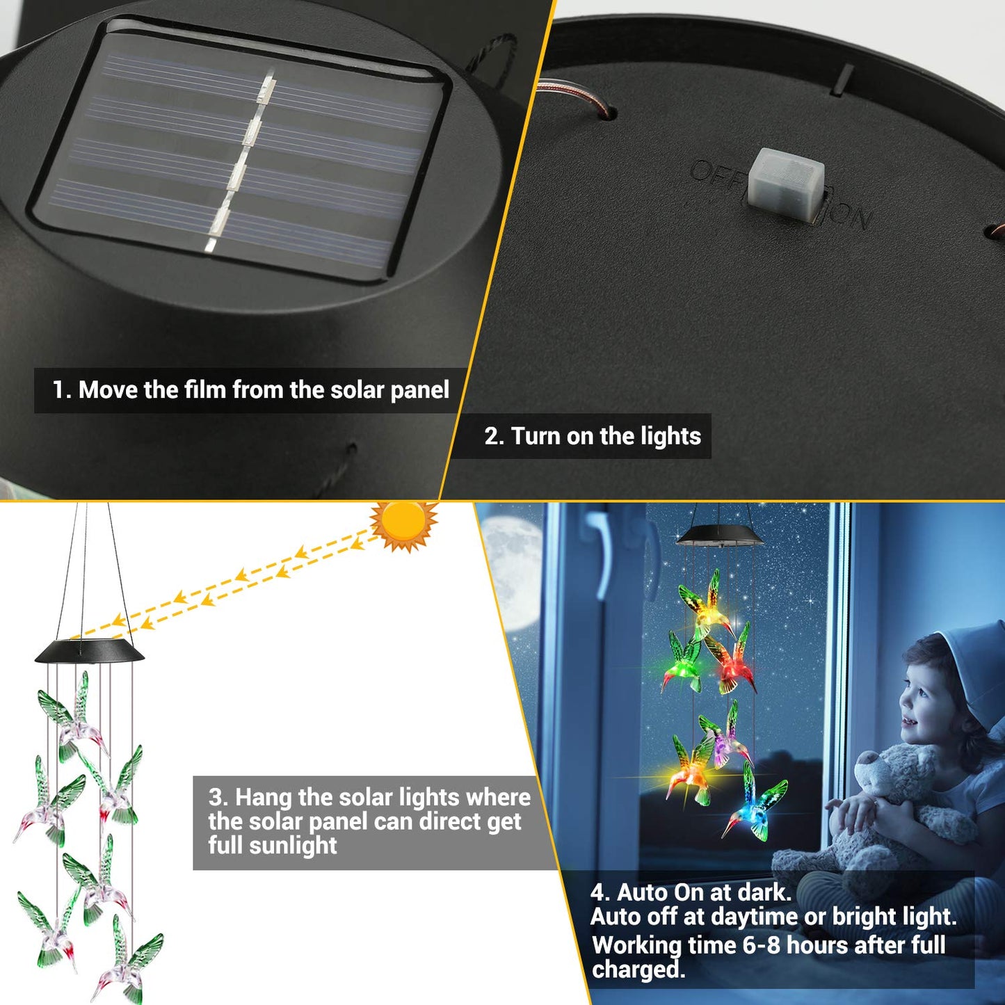 Toodour Solar Wind Chimes, Color Changing Solar Hummingbird Wind Chimes, LED Decorative Mobile, Waterproof Solar Lights Outdoor for Patio, Window, Garden Decor, for Mom/Grandma - Krosscanada