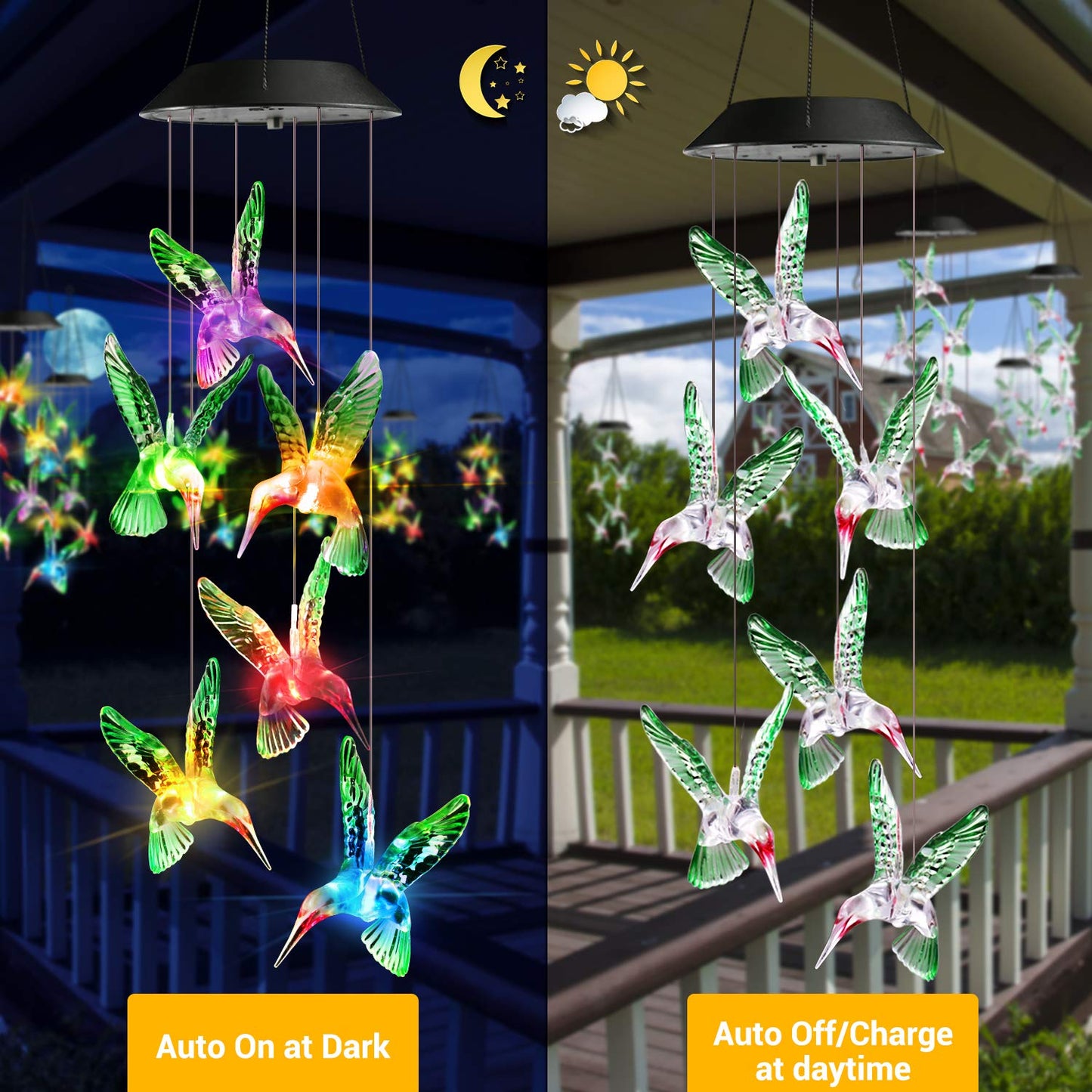 Toodour Solar Wind Chimes, Color Changing Solar Hummingbird Wind Chimes, LED Decorative Mobile, Waterproof Solar Lights Outdoor for Patio, Window, Garden Decor, for Mom/Grandma - Krosscanada