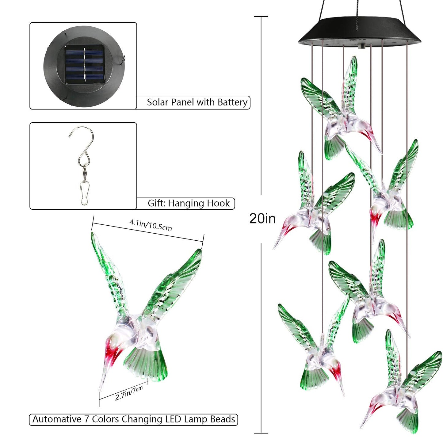 Toodour Solar Wind Chimes, Color Changing Solar Hummingbird Wind Chimes, LED Decorative Mobile, Waterproof Solar Lights Outdoor for Patio, Window, Garden Decor, for Mom/Grandma - Krosscanada