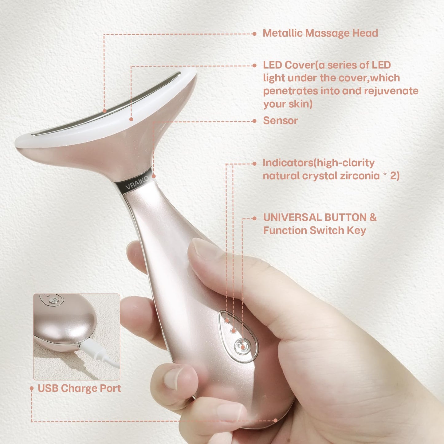 VRAIKO LILY Skin Rejuvenation Beauty Device, 3 - IN - 1 Neck Face Beauty Massager, At - home Facial Spa Tool and Microglow Handset (Pink) - Krosscanada
