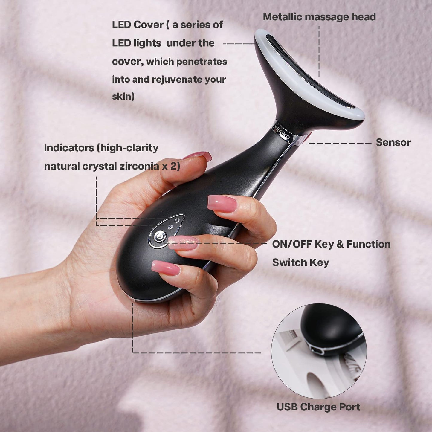 VRAIKO LILY Skin Rejuvenation Beauty Device, 3 - IN - 1 Neck Face Beauty Massager, At - home Facial Spa Tool and Microglow Handset (Pink) - Krosscanada