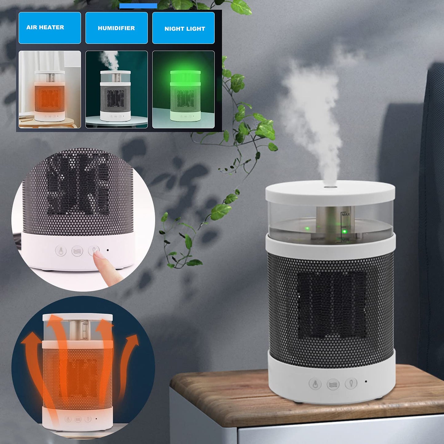 3 In 1 Space Heater Winter Fast Heating Electric Warmer Heating Fans Colorful Night Lights Small Heaters 400ML Air Humidifier - Krosscanada