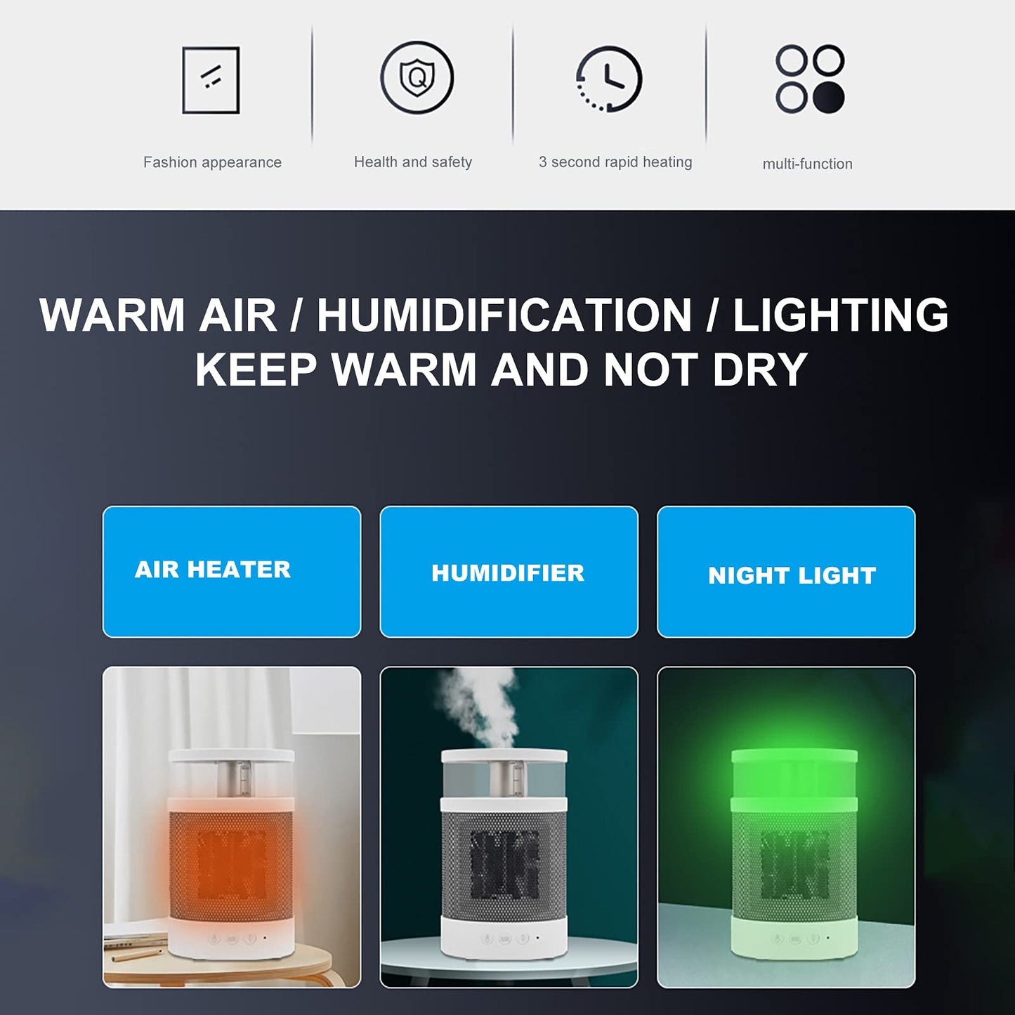 3 In 1 Space Heater Winter Fast Heating Electric Warmer Heating Fans Colorful Night Lights Small Heaters 400ML Air Humidifier - Krosscanada