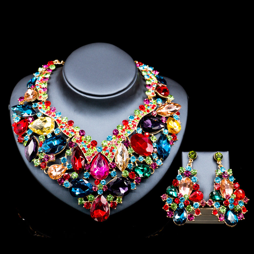 Stained Glass Rhinestone Bridal Necklace and Earring Set - KKscollecation