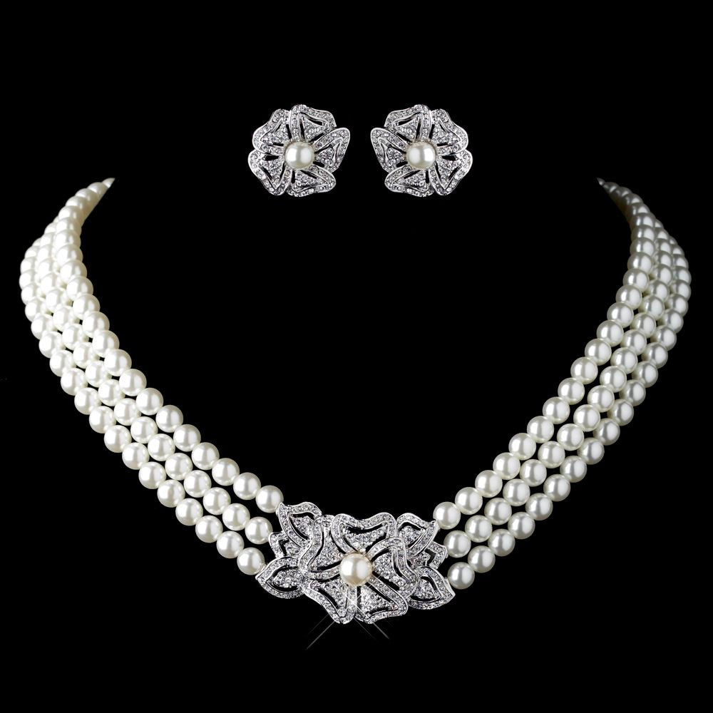 Pearl Rhinestone Necklace Earrings Jewelry Set - KKscollecation