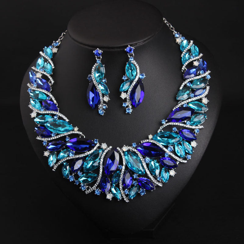 Europe and the United States luxury crystal jewelry short clavicle Necklace Earrings Set women's dress dinner, bridal jewelry wholesale - KKscollecation