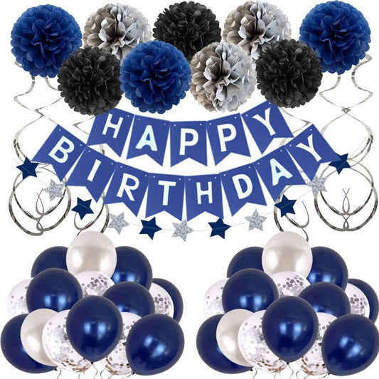 Navy Blue Birthday Pull Flag Night Blue Balloons Paper Flower Ball Decoration Set - KKscollecation