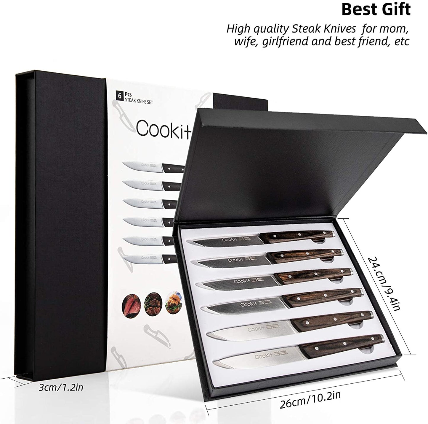 6Pcs Steak Knife Set Serrated Stainless Steel Utility with Wooden Handle for Home Dining Restaurant - Krosscanada