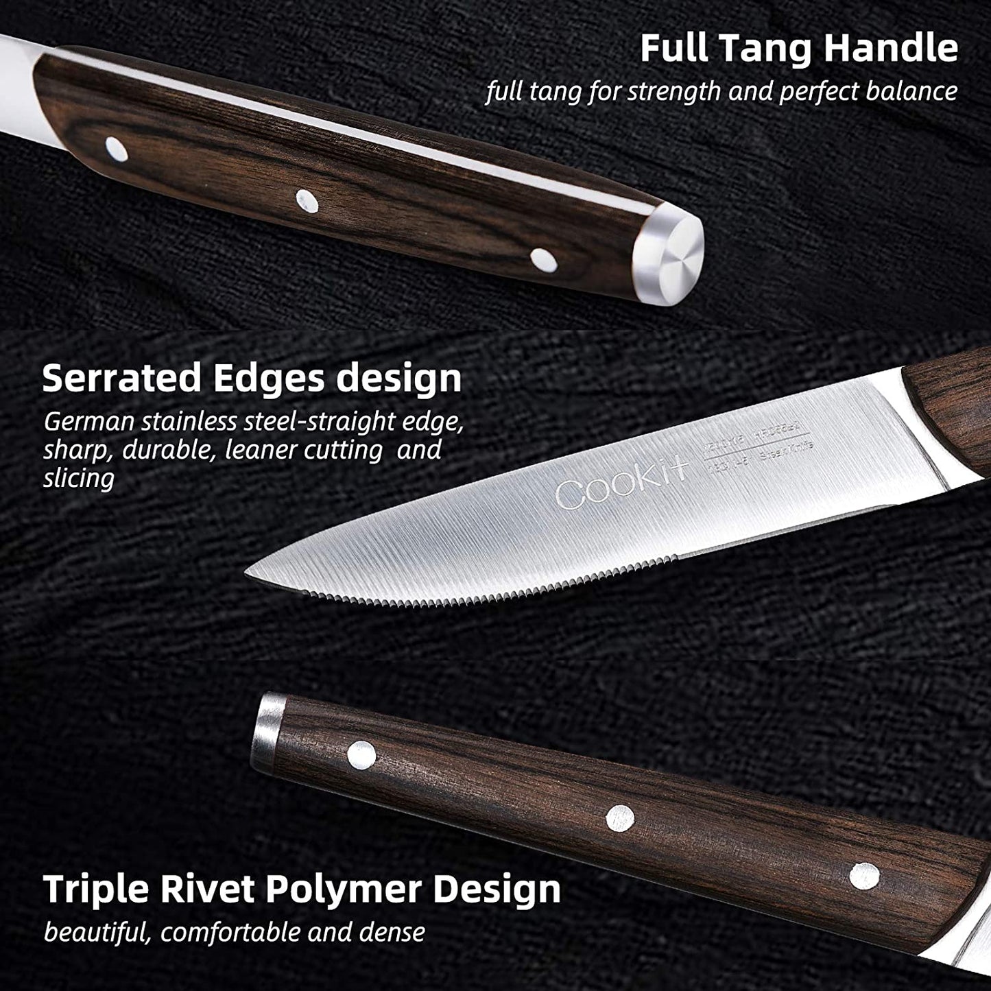 6Pcs Steak Knife Set Serrated Stainless Steel Utility with Wooden Handle for Home Dining Restaurant - Krosscanada