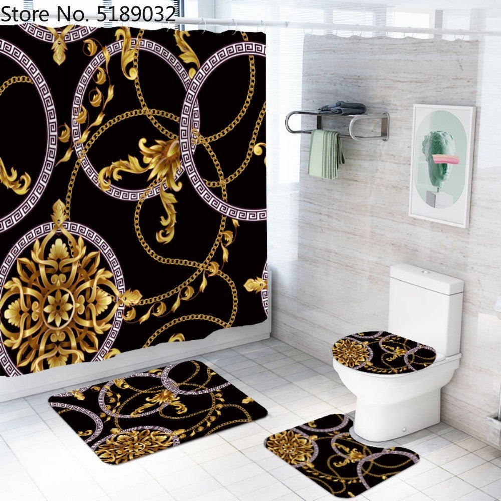 A Set Of 4 Hollow - Shaped Shower Curtains With Bath Mats Toilet Lids, Waterproof Floor Mats Retro Style Shower Curtains - Krosscanada