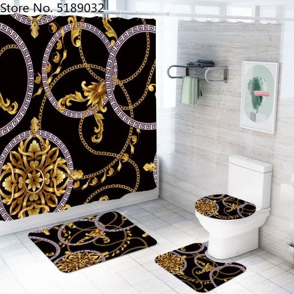 A Set Of 4 Hollow - Shaped Shower Curtains With Bath Mats Toilet Lids, Waterproof Floor Mats Retro Style Shower Curtains - Krosscanada