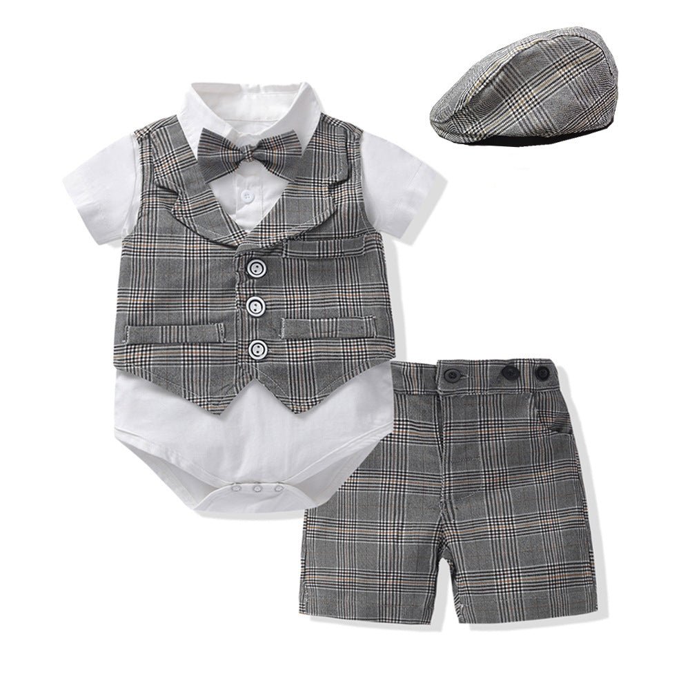 Baby Boy Gentleman Suit Romper Vest Shorts Bow Tie - Krosscanada
