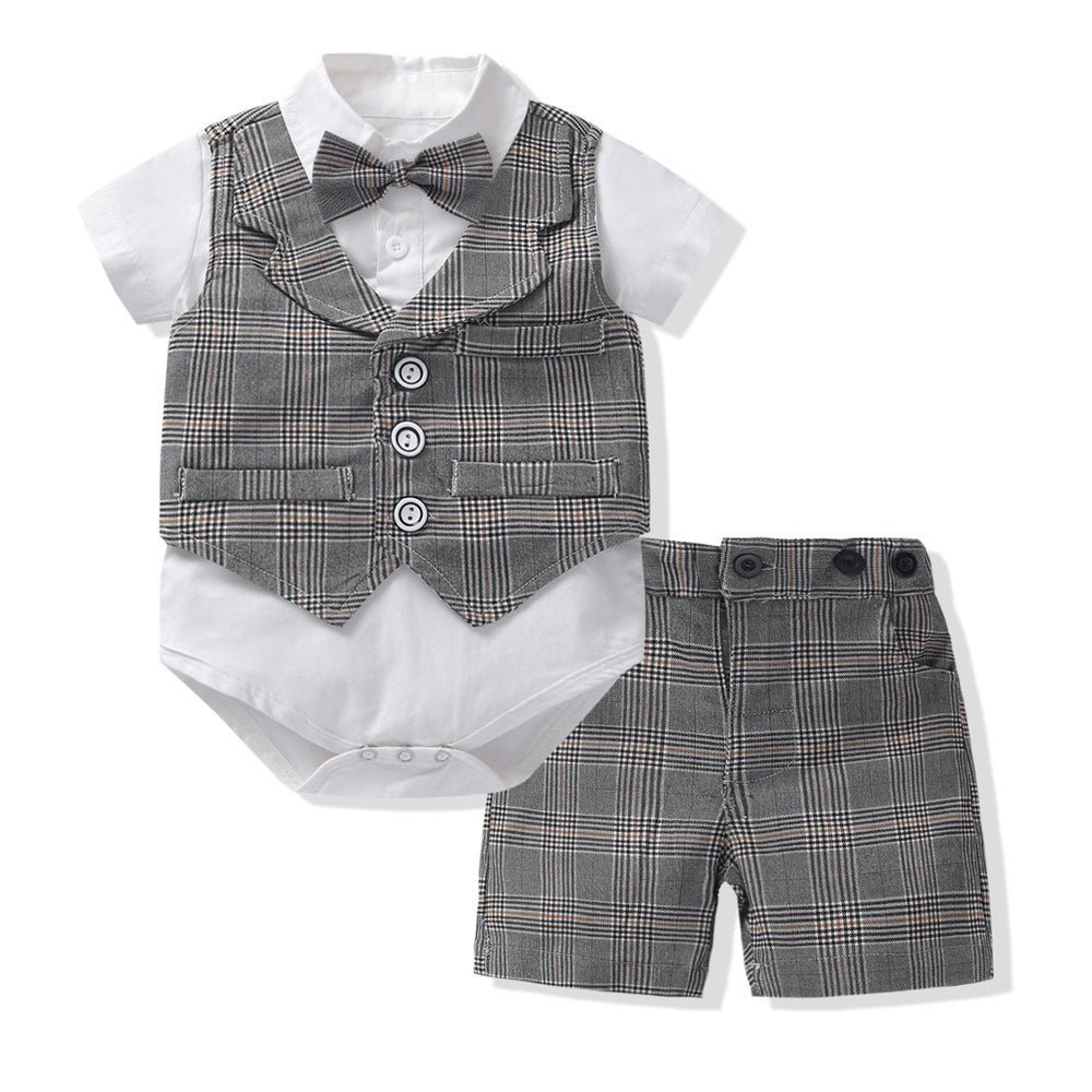 Baby Boy Gentleman Suit Romper Vest Shorts Bow Tie - Krosscanada