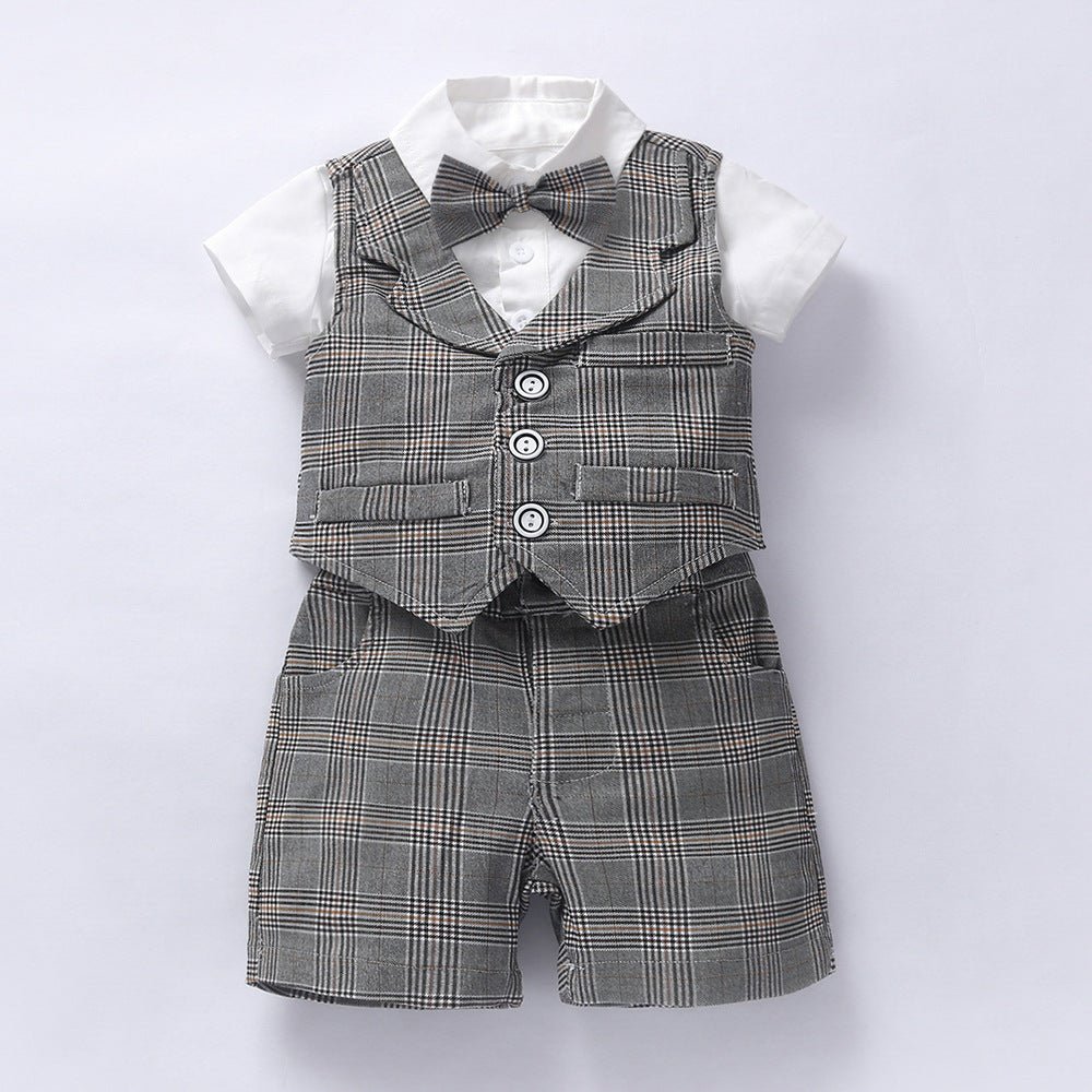 Baby Boy Gentleman Suit Romper Vest Shorts Bow Tie - Krosscanada