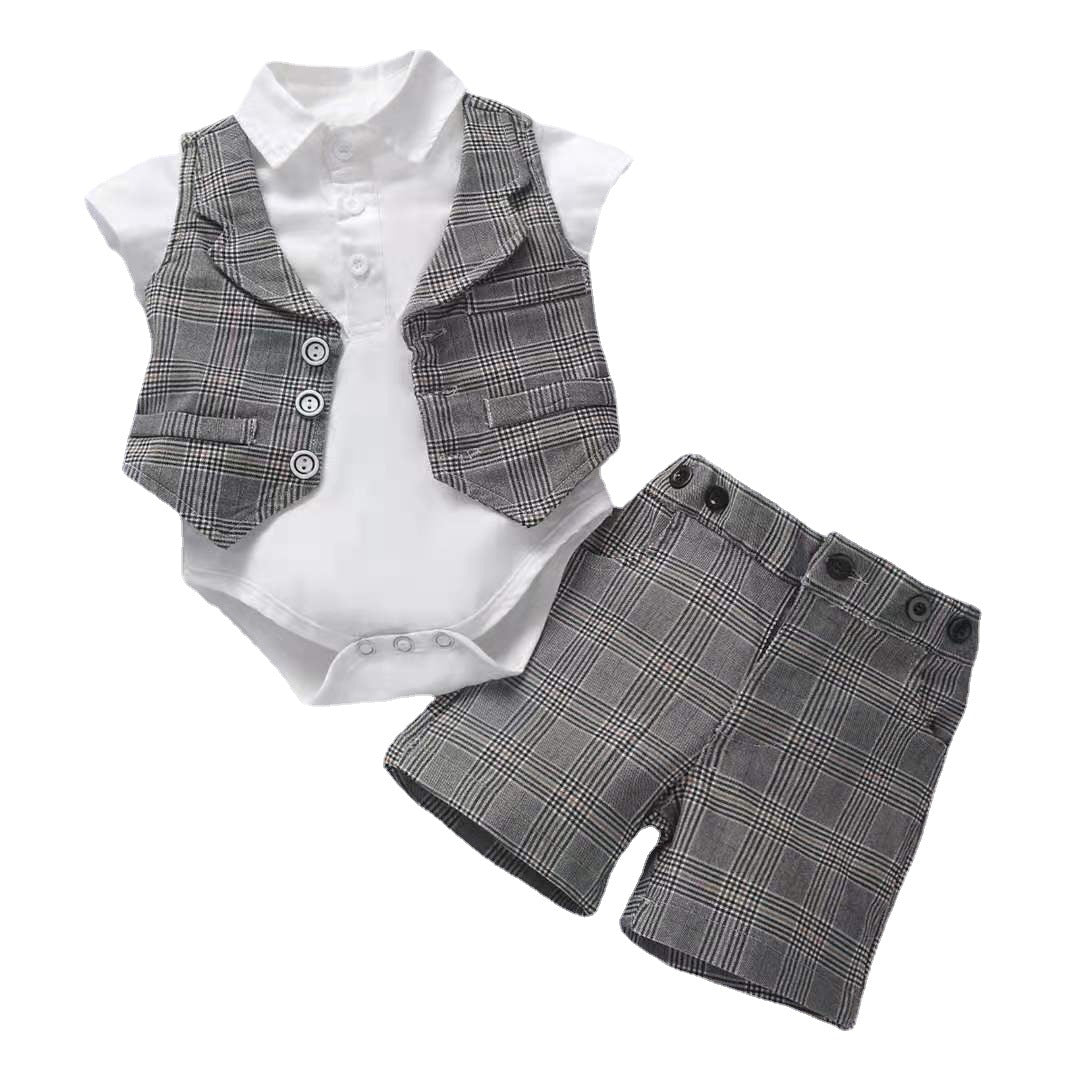 Baby Boy Gentleman Suit Romper Vest Shorts Bow Tie - Krosscanada
