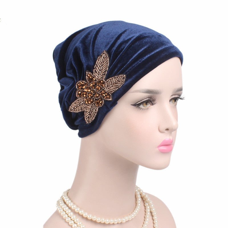 Beaded Flower Accessories Turban Hat Velvet Pleated Hood - Krosscanada
